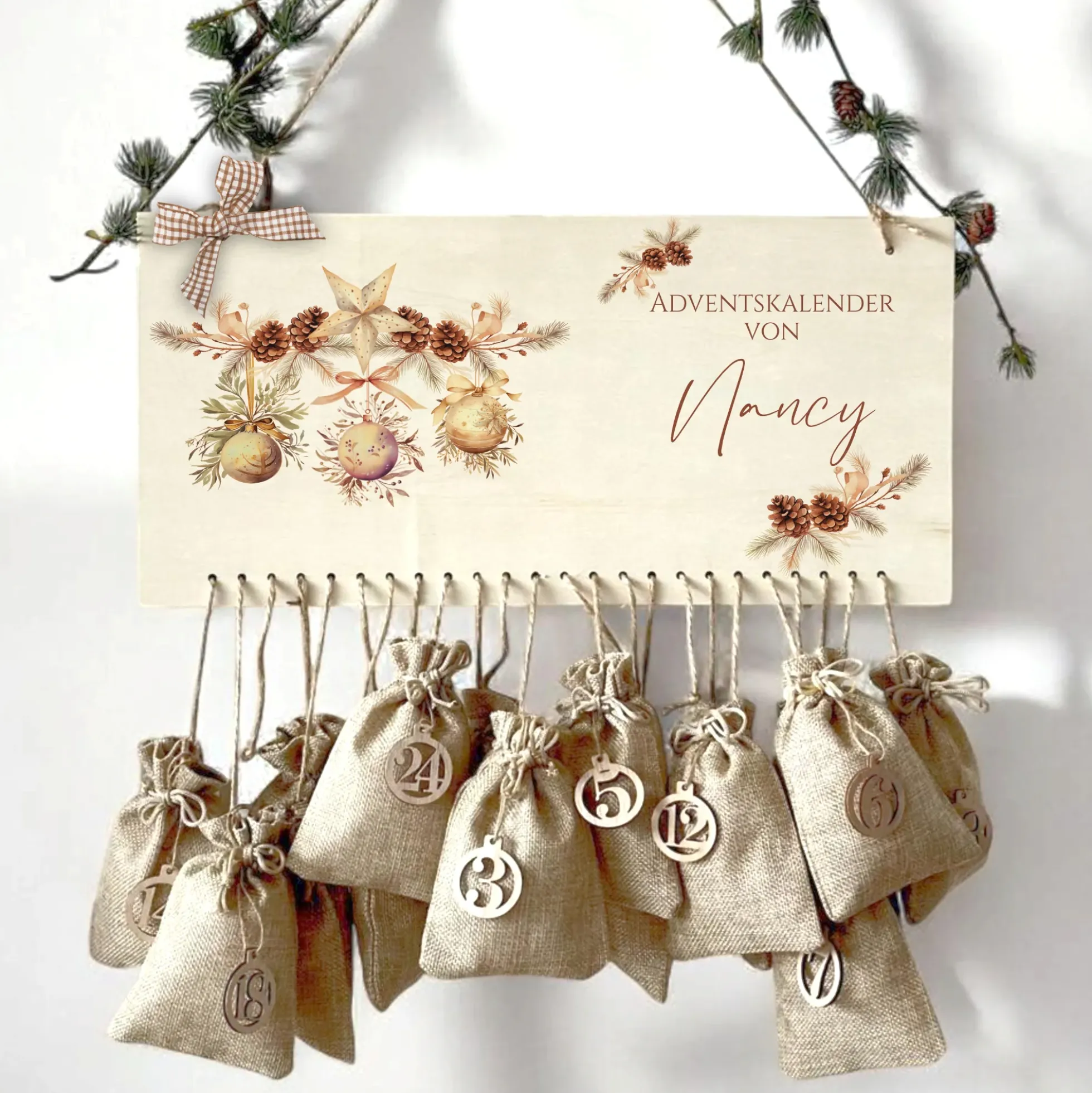 Adventskalender Boho Personalisiert aus Holz für Frauen Floral mit Namen