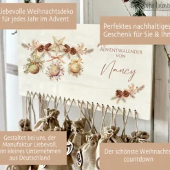 Adventskalender Boho Personalisiert aus Holz für Frauen Floral mit Namen