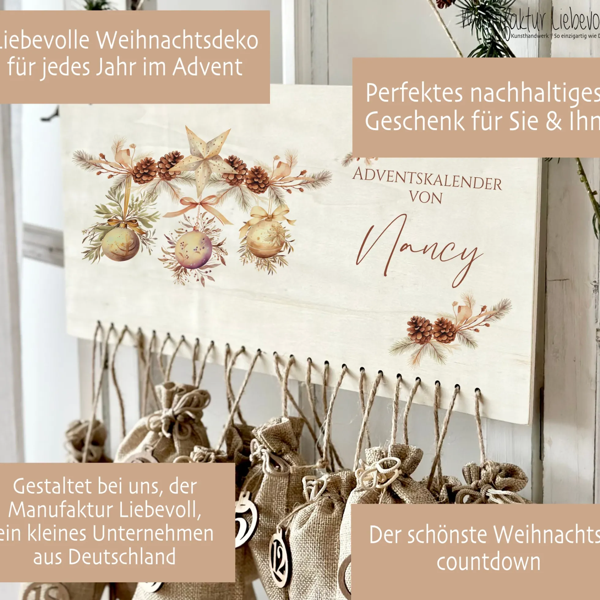 Adventskalender Boho Personalisiert aus Holz für Frauen Floral mit Namen