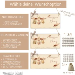 Adventskalender Boho Personalisiert aus Holz für Frauen Floral mit Namen