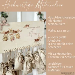 Adventskalender Boho Personalisiert aus Holz für Frauen Floral mit Namen