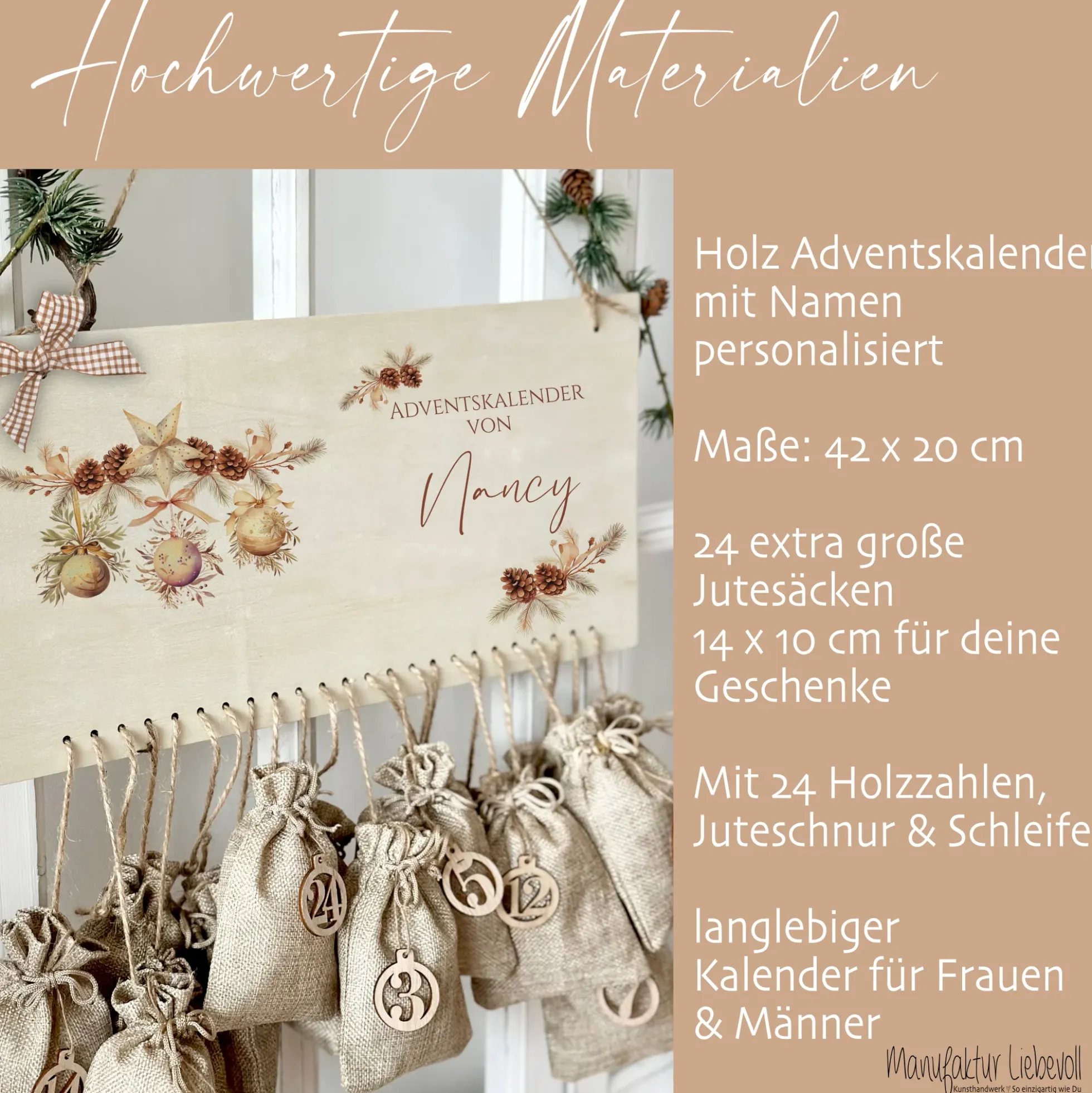 Adventskalender Boho Personalisiert aus Holz für Frauen Floral mit Namen