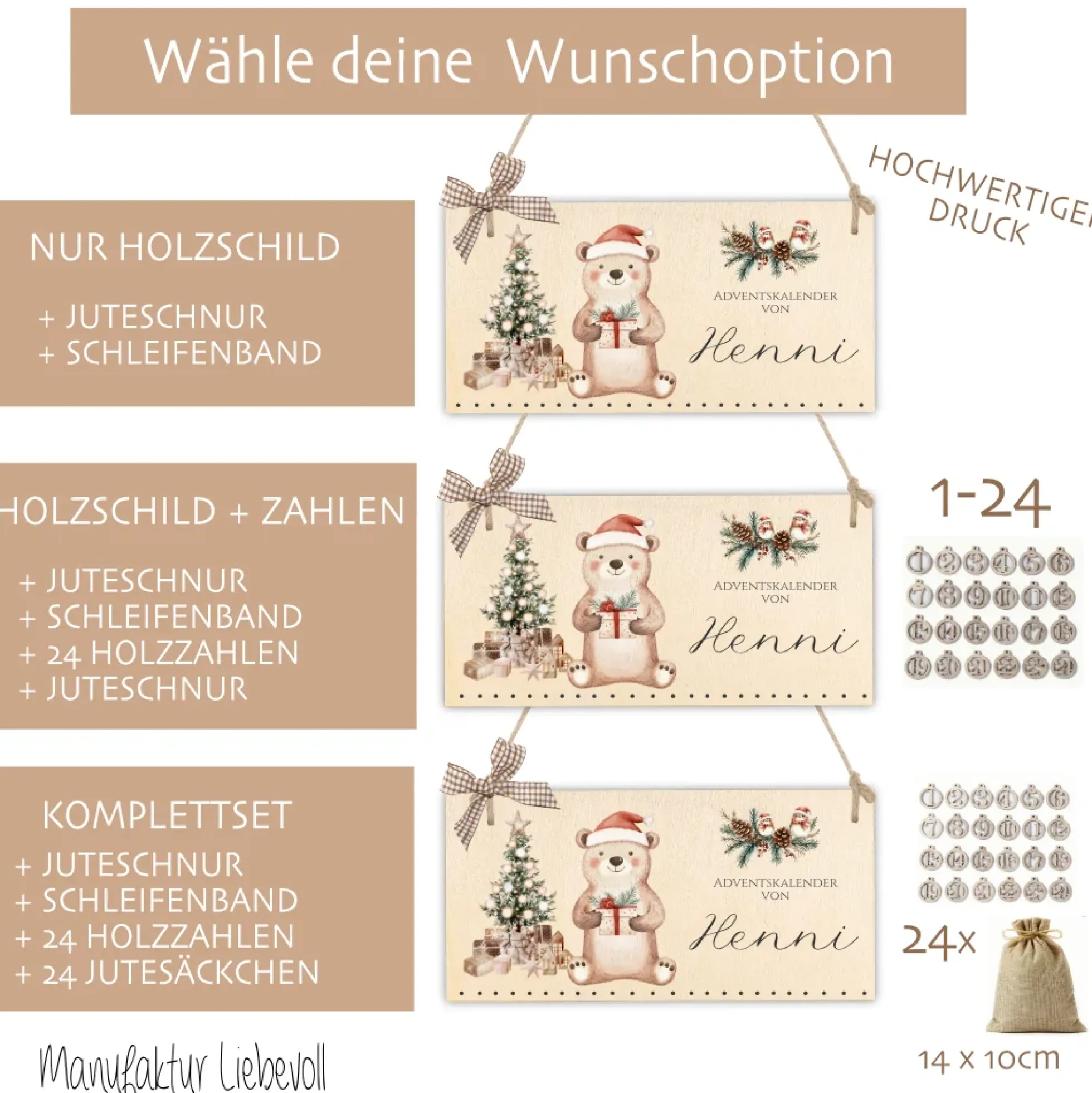 Adventskalender " Bär " Personalisiert Mit Namen für Kinder zur Adventszeit zum Befüllen