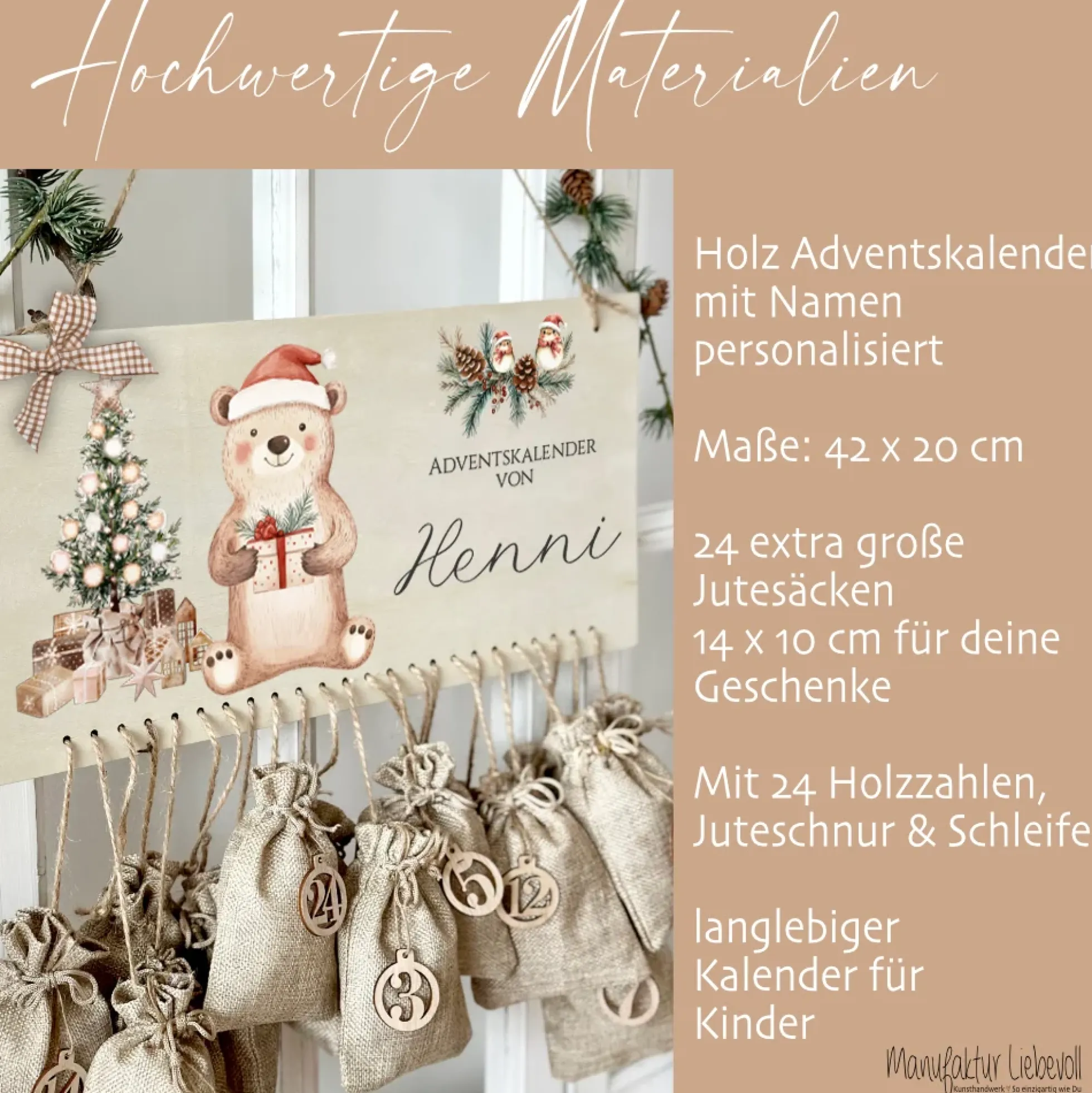 Adventskalender " Bär " Personalisiert Mit Namen für Kinder zur Adventszeit zum Befüllen