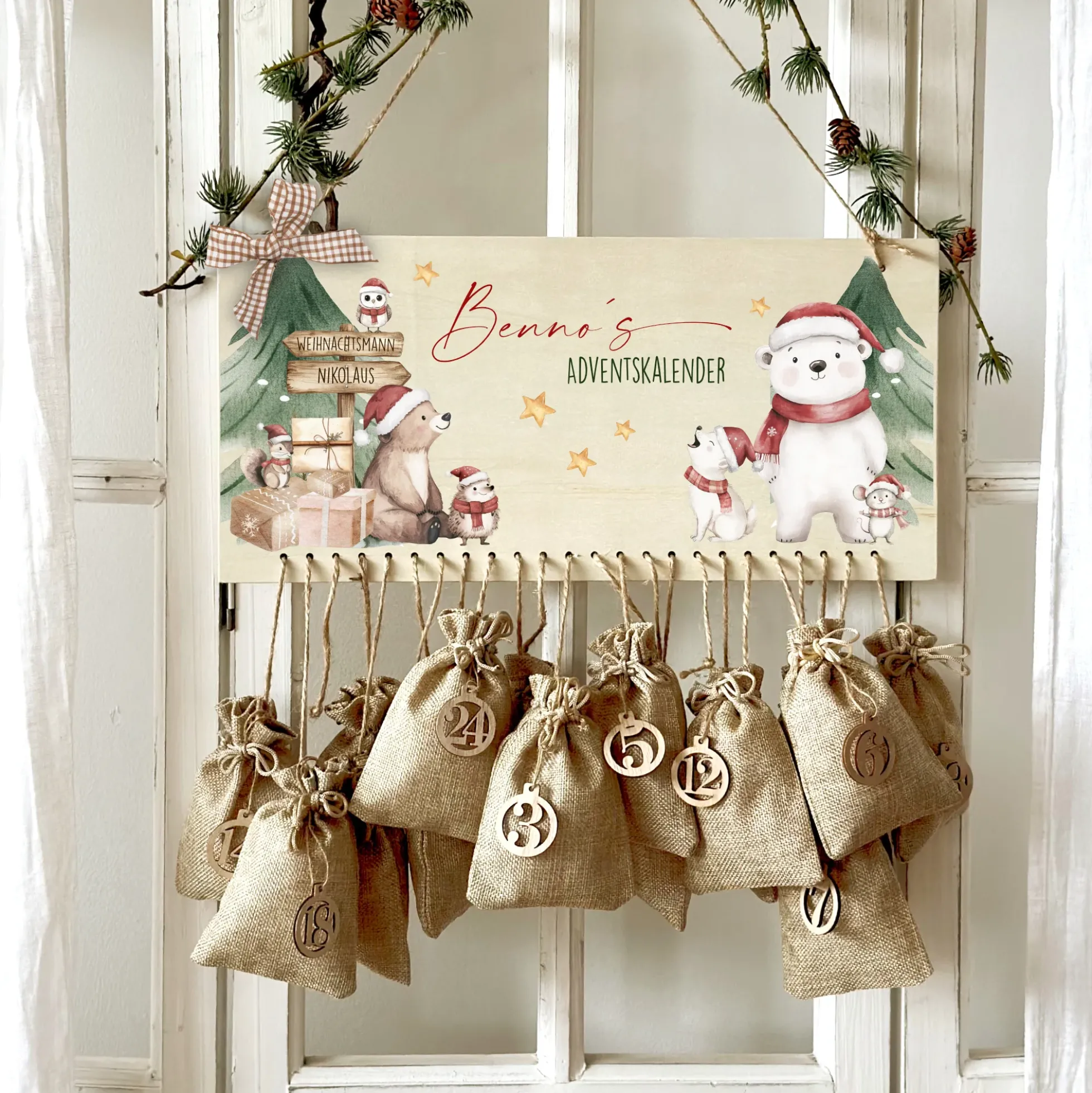 Adventskalender " Eisbär " Personalisiert mit Namen Kinder zum Befüllen Adventskalender Holz Kinderadventskalender Advent Jutesäckchen