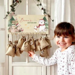 Adventskalender " Eisbär " Personalisiert mit Namen Kinder zum Befüllen Adventskalender Holz Kinderadventskalender Advent Jutesäckchen
