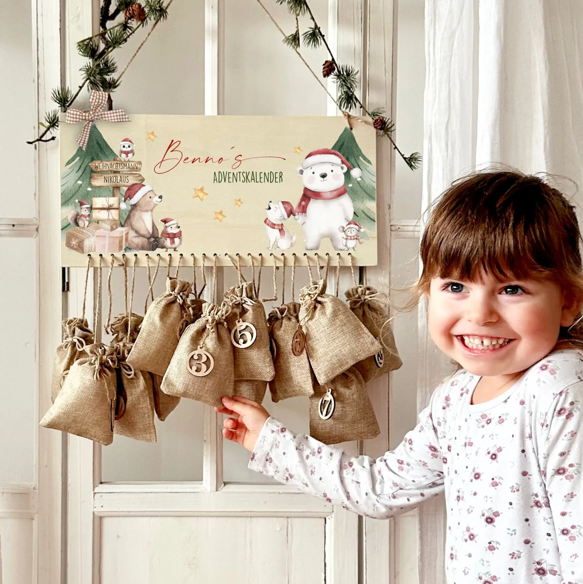 Adventskalender " Eisbär " Personalisiert mit Namen Kinder zum Befüllen Adventskalender Holz Kinderadventskalender Advent Jutesäckchen