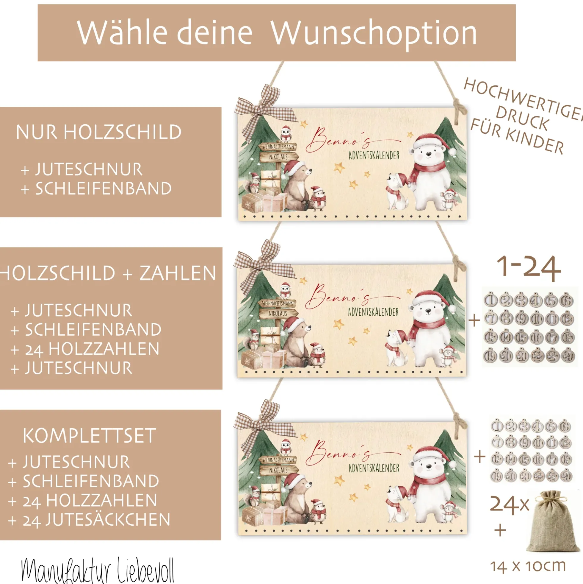 Adventskalender " Eisbär " Personalisiert mit Namen Kinder zum Befüllen Adventskalender Holz Kinderadventskalender Advent Jutesäckchen