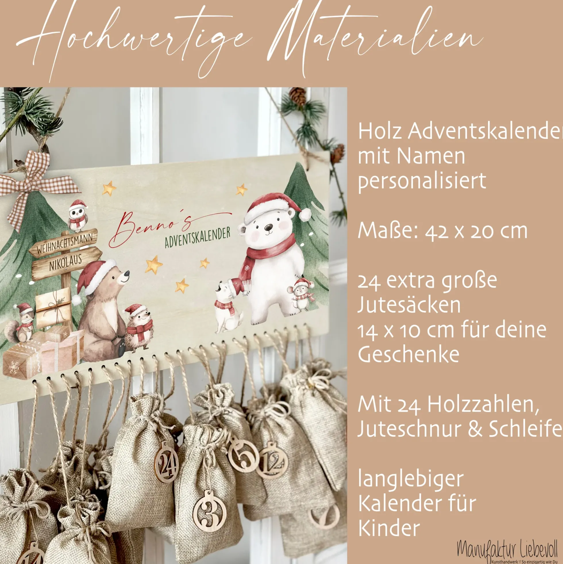 Adventskalender " Eisbär " Personalisiert mit Namen Kinder zum Befüllen Adventskalender Holz Kinderadventskalender Advent Jutesäckchen