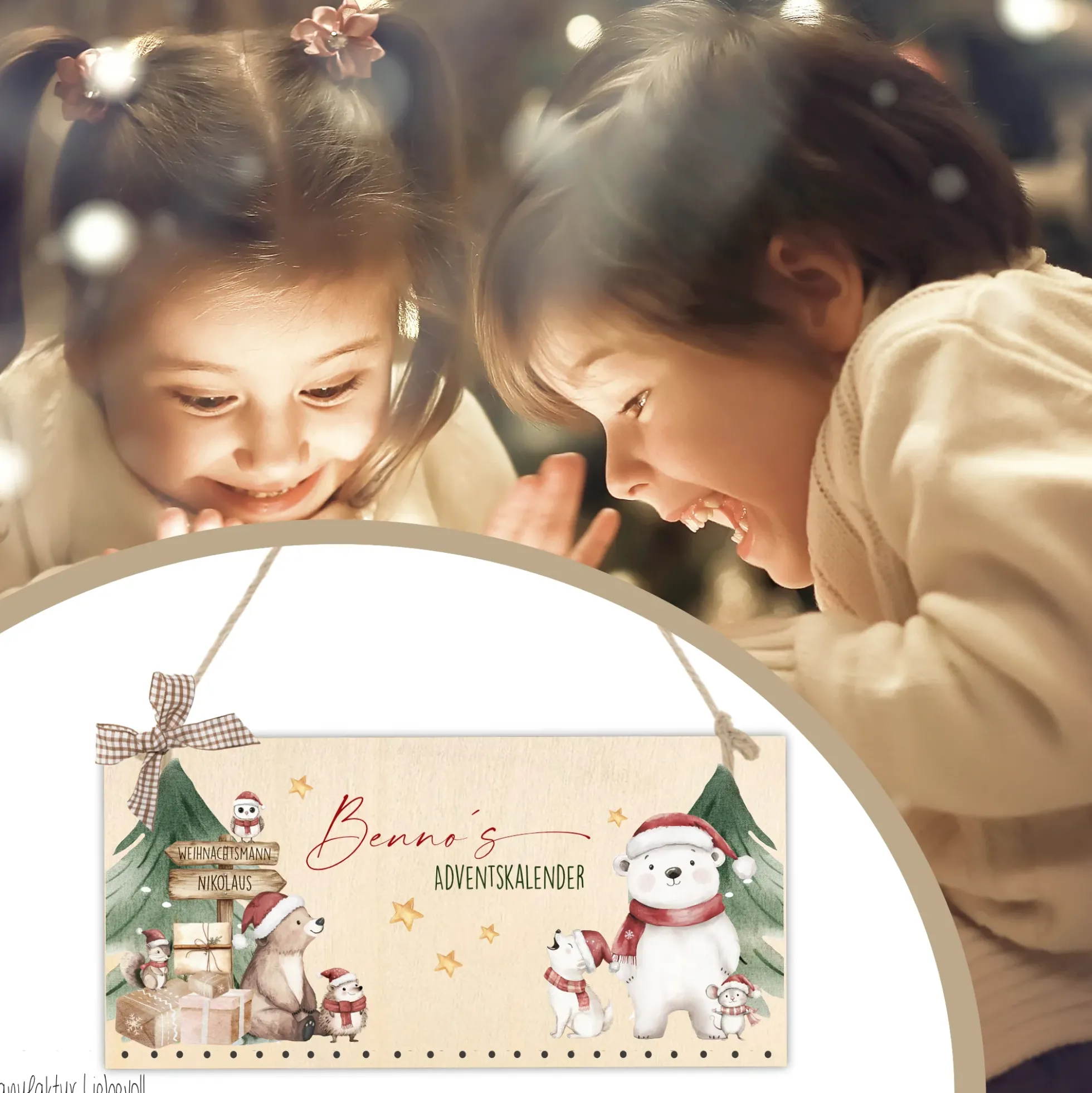 Adventskalender " Eisbär " Personalisiert mit Namen Kinder zum Befüllen Adventskalender Holz Kinderadventskalender Advent Jutesäckchen