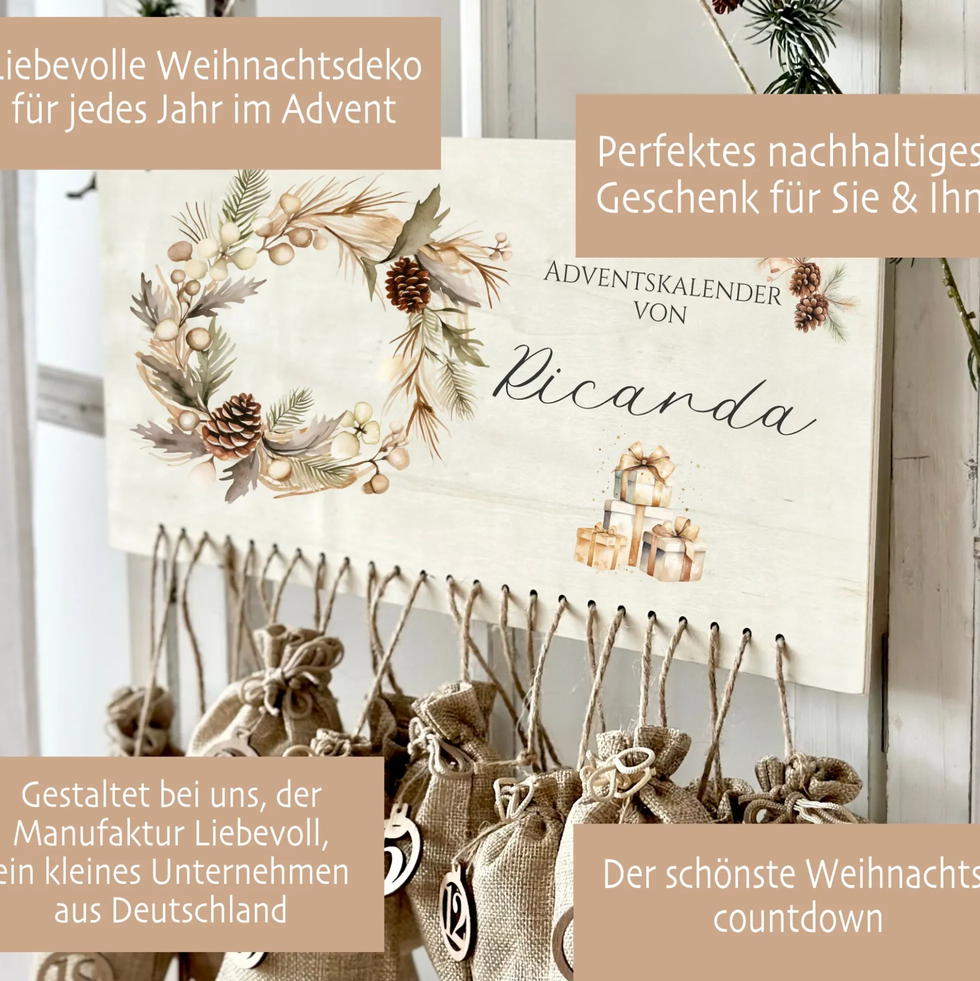 Adventskalender für Frauen und Männer Personalisiert mit Namen mit Tannenkranz