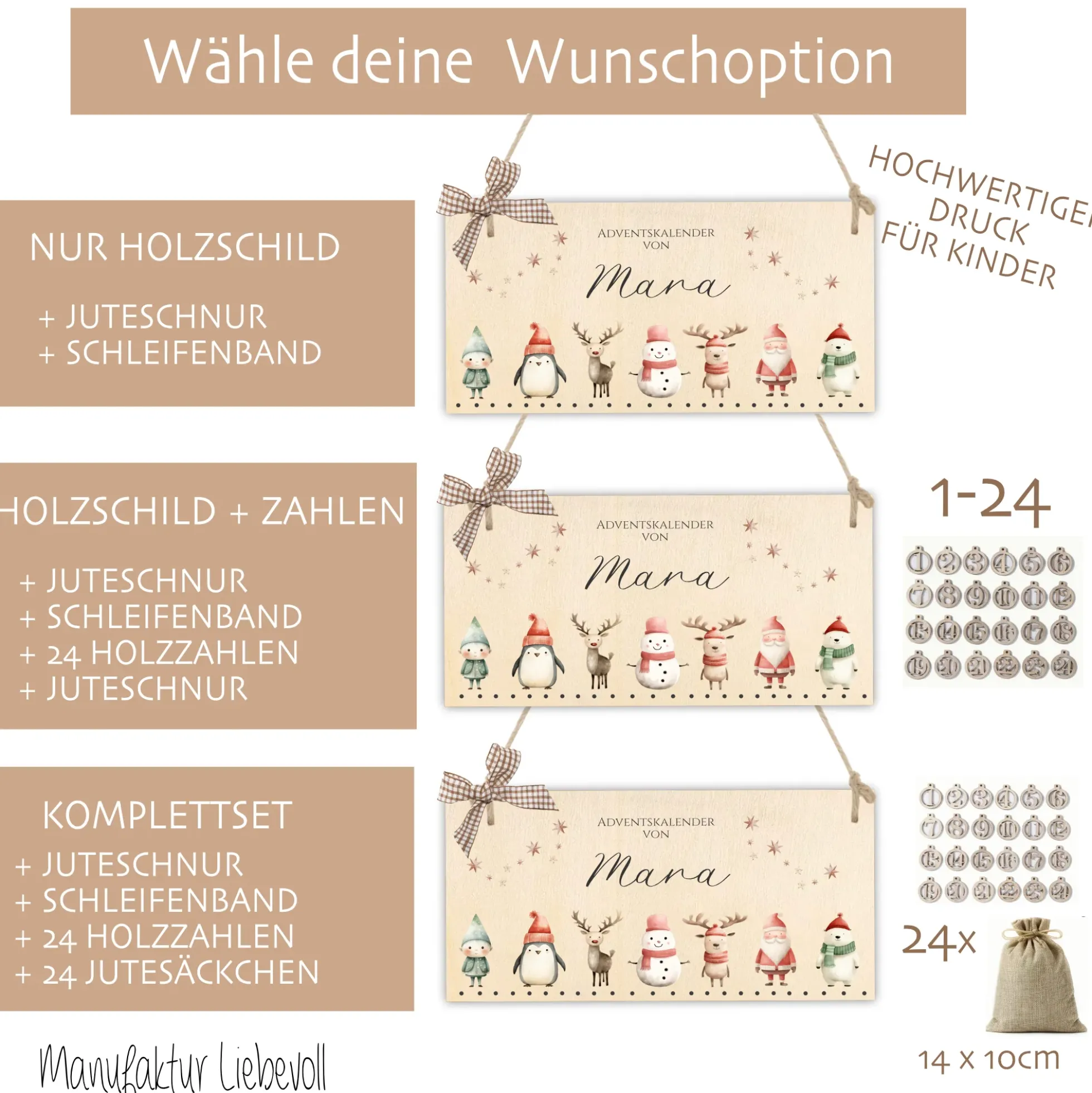 Adventskalender für Kinder Personalisiert mit Namen zum Befüllen mit Weihnachsfiguren aus Holz