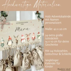 Adventskalender für Kinder Personalisiert mit Namen zum Befüllen mit Weihnachsfiguren aus Holz