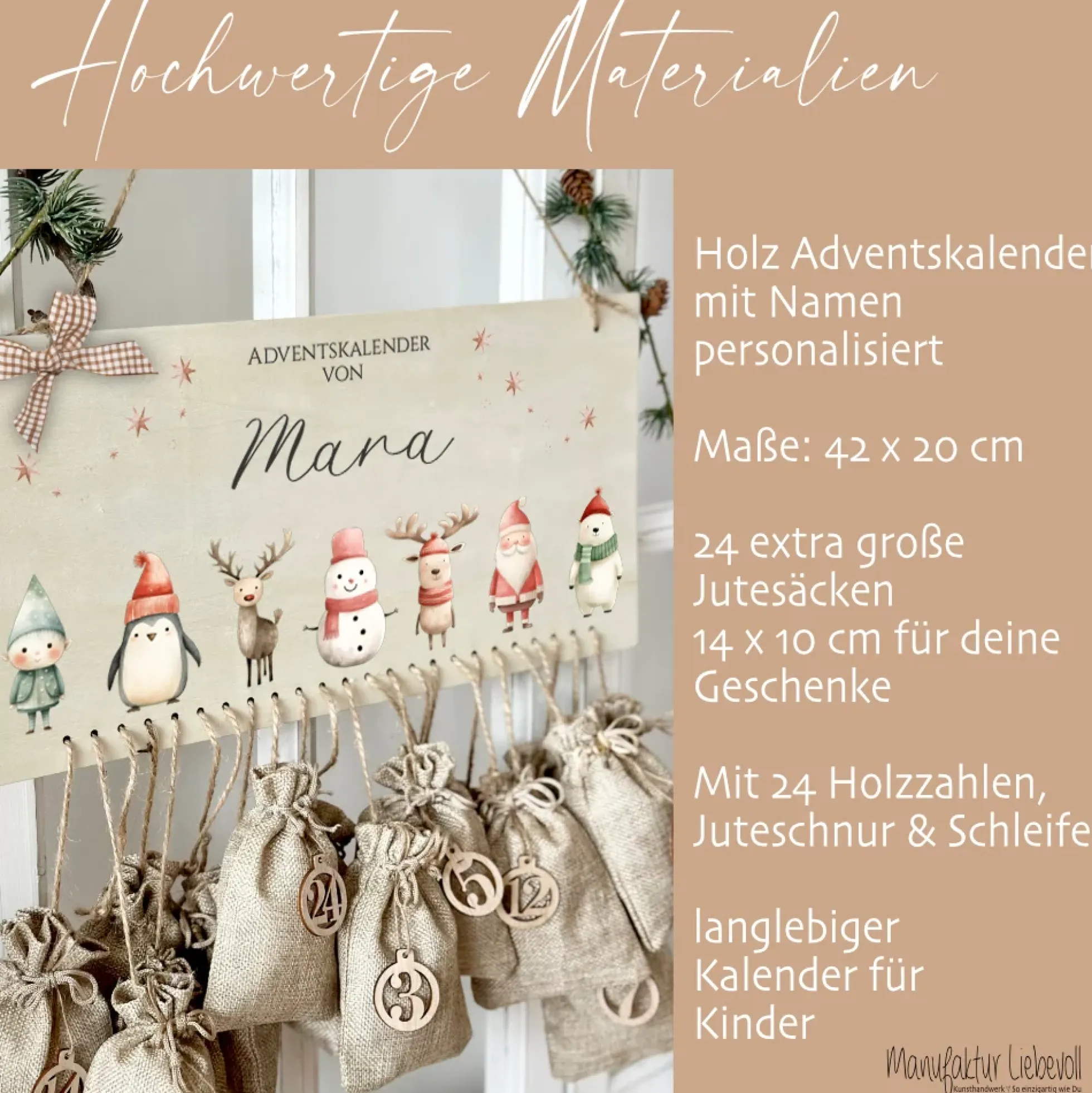Adventskalender für Kinder Personalisiert mit Namen zum Befüllen mit Weihnachsfiguren aus Holz