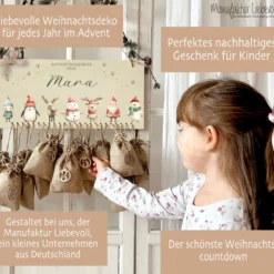 Adventskalender für Kinder Personalisiert mit Namen zum Befüllen mit Weihnachsfiguren aus Holz