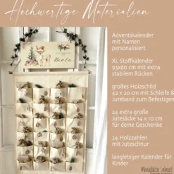 Adventskalender mit Namen aus Stoff mit Reh Motiv Holzschild Zahlen & Jutesäckchen personalisierter Kinder Adventskalender Mädchen Jungen