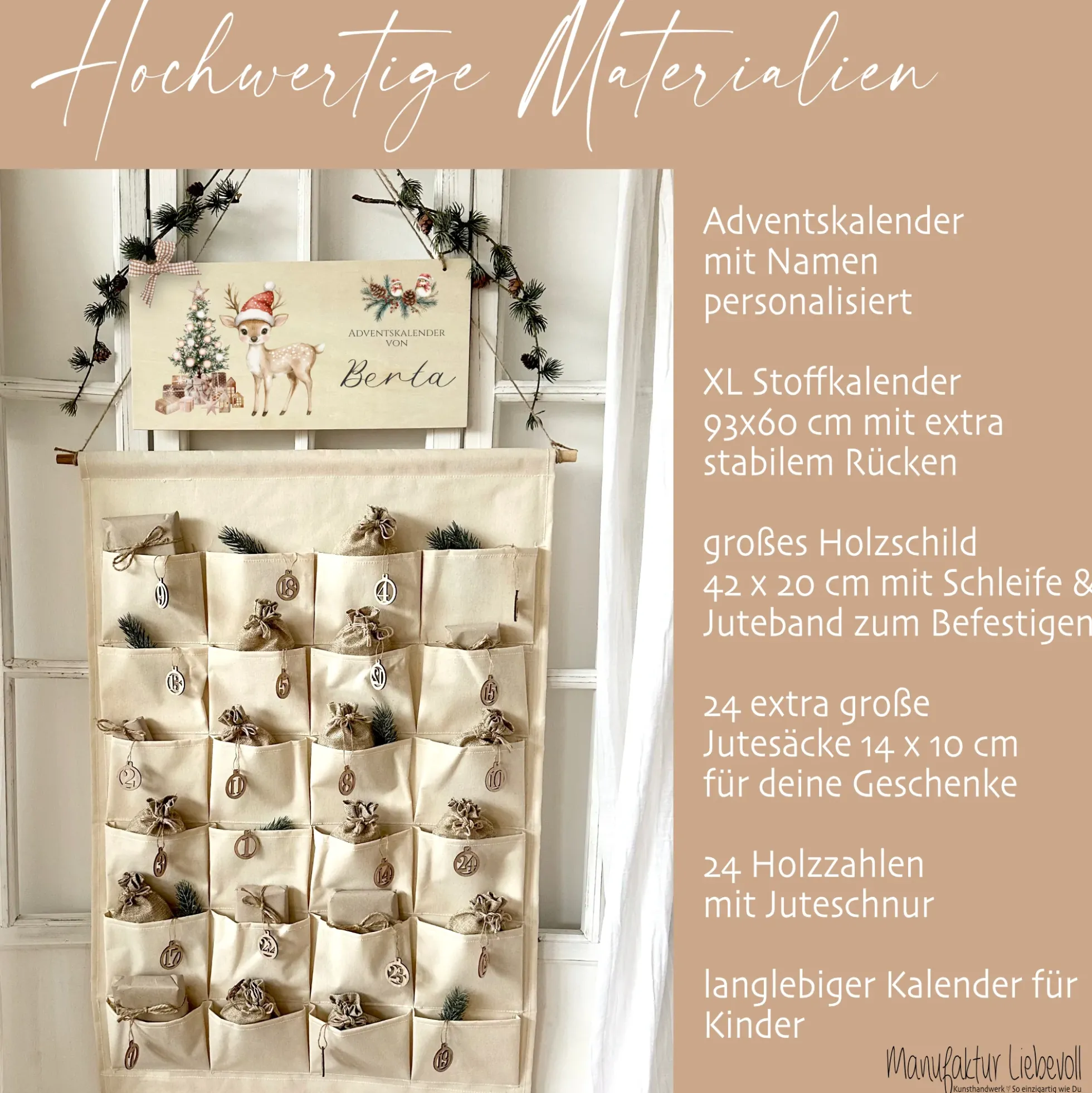 Adventskalender mit Namen aus Stoff mit Reh Motiv Holzschild Zahlen & Jutesäckchen personalisierter Kinder Adventskalender Mädchen Jungen