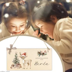 Adventskalender mit Namen aus Stoff mit Reh Motiv Holzschild Zahlen & Jutesäckchen personalisierter Kinder Adventskalender Mädchen Jungen