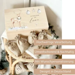 Adventskalender mit Rentier, Adventskiste zum Befüllen, Weihnachtlicher personalisierter Adventskalender