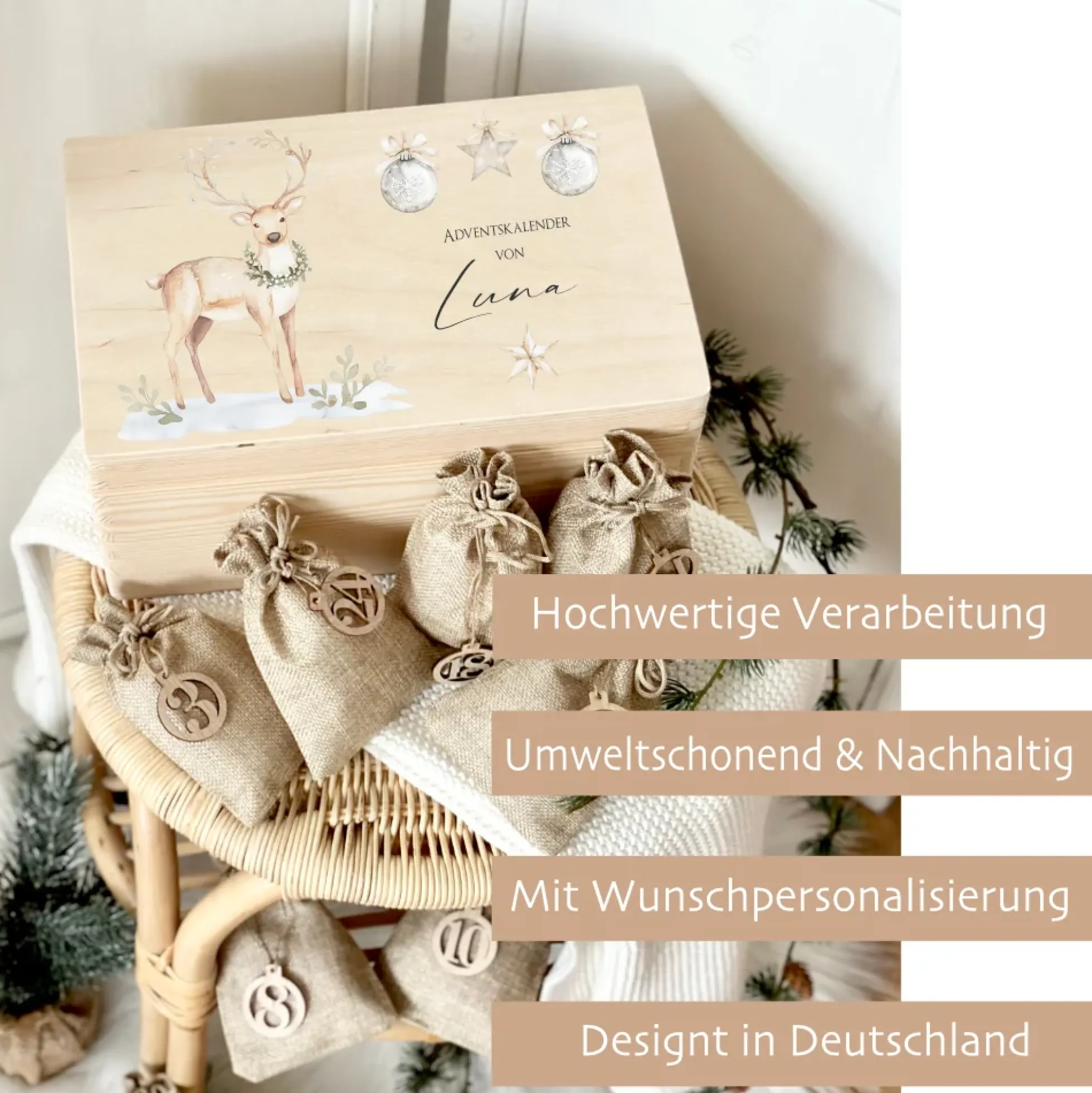 Adventskalender mit Rentier, Adventskiste zum Befüllen, Weihnachtlicher personalisierter Adventskalender