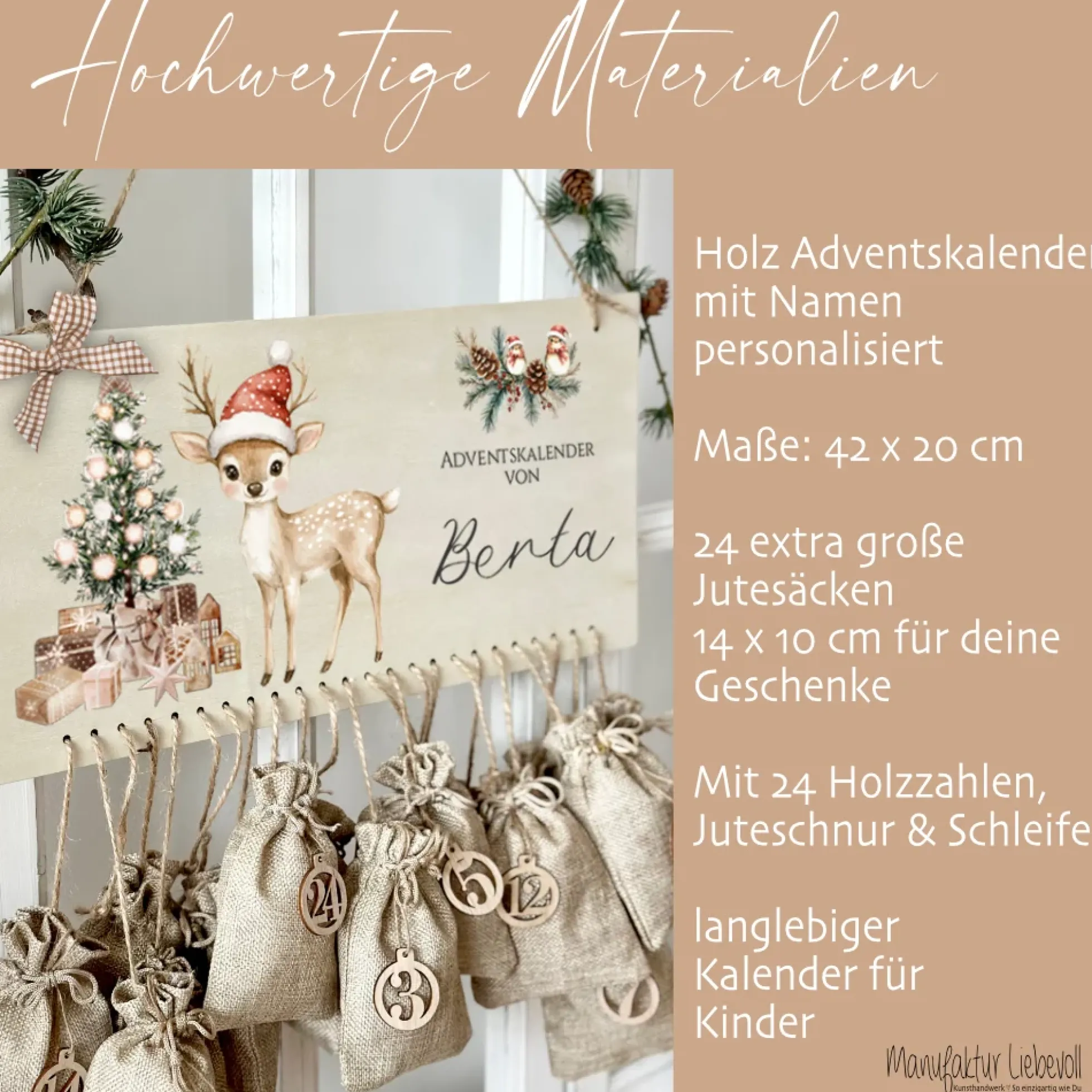 Adventskalender Personalisiert " Reh " zum Befüllen mit Namen für Kinder zur Adventszeit