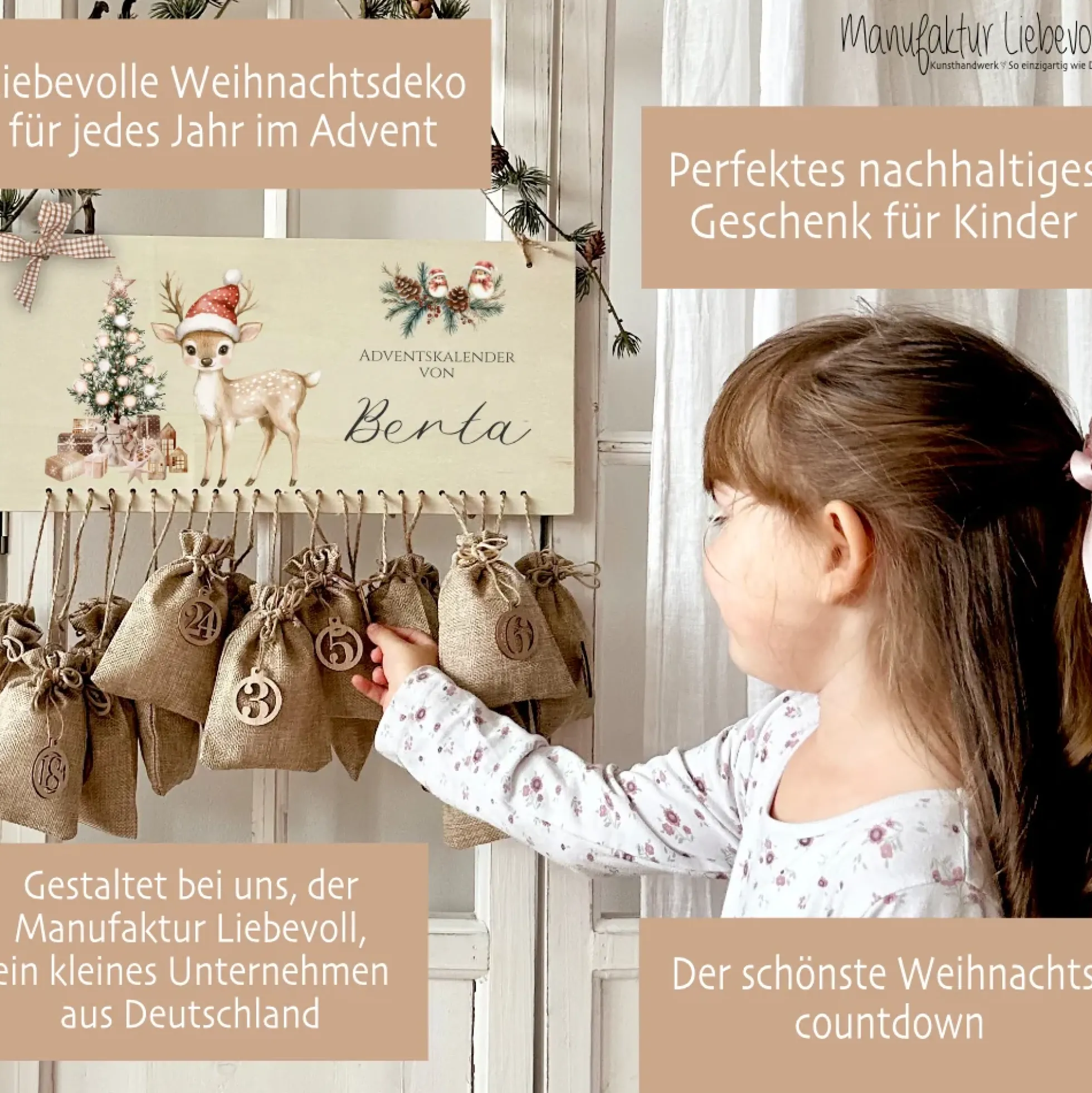 Adventskalender Personalisiert " Reh " zum Befüllen mit Namen für Kinder zur Adventszeit
