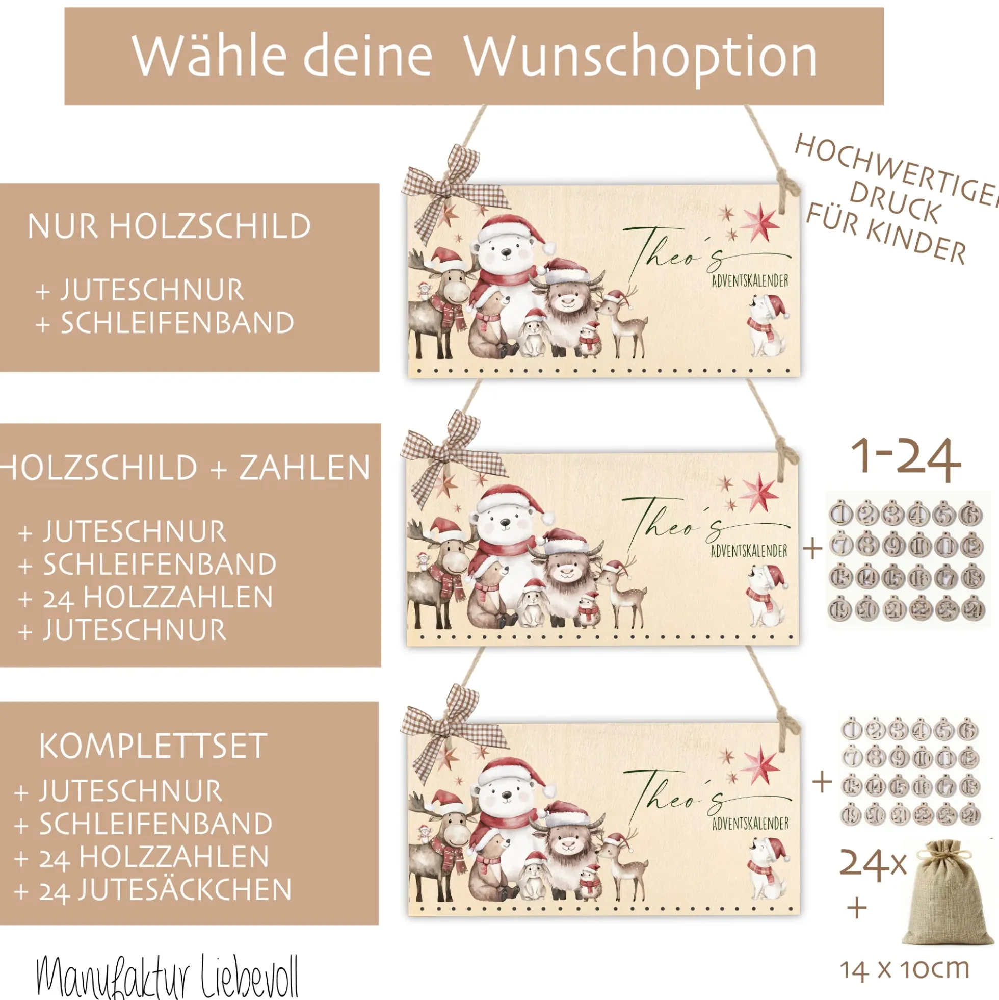Adventskalender Personalisiert für Kinder mit Name mit niedlichen Tiermotiv zum Befüllen