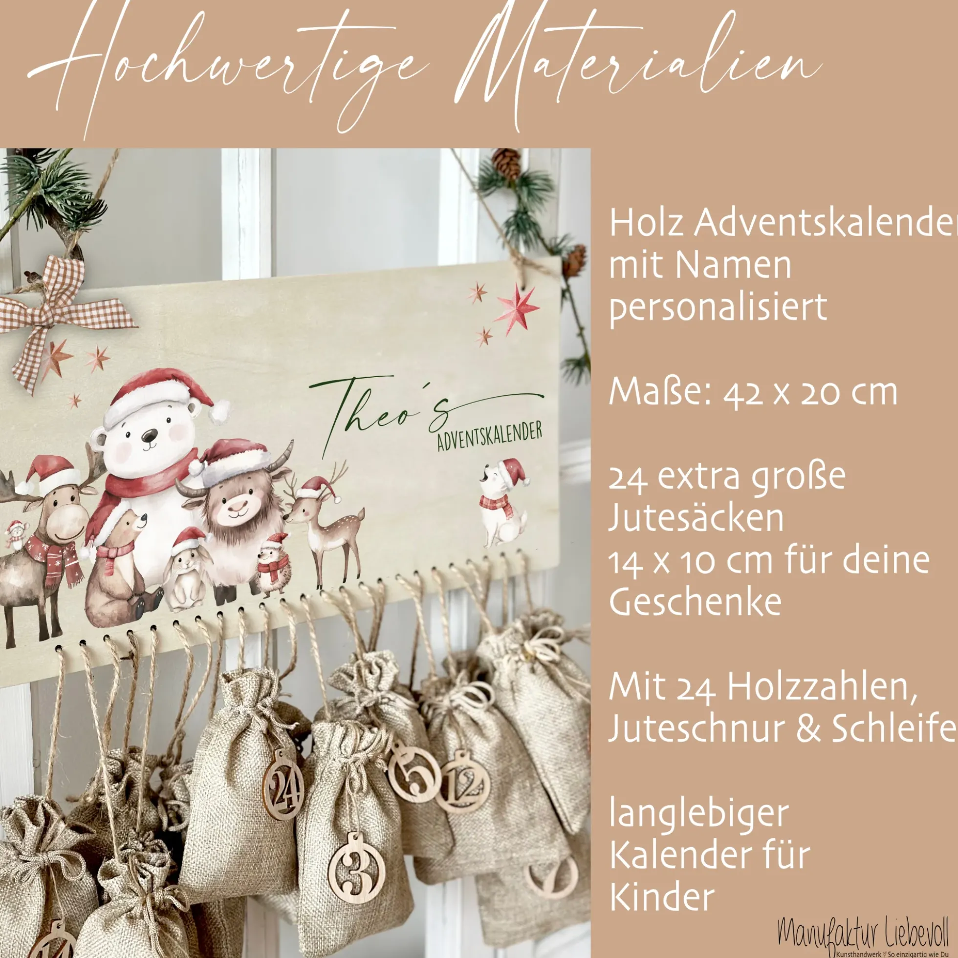 Adventskalender Personalisiert für Kinder mit Name mit niedlichen Tiermotiv zum Befüllen