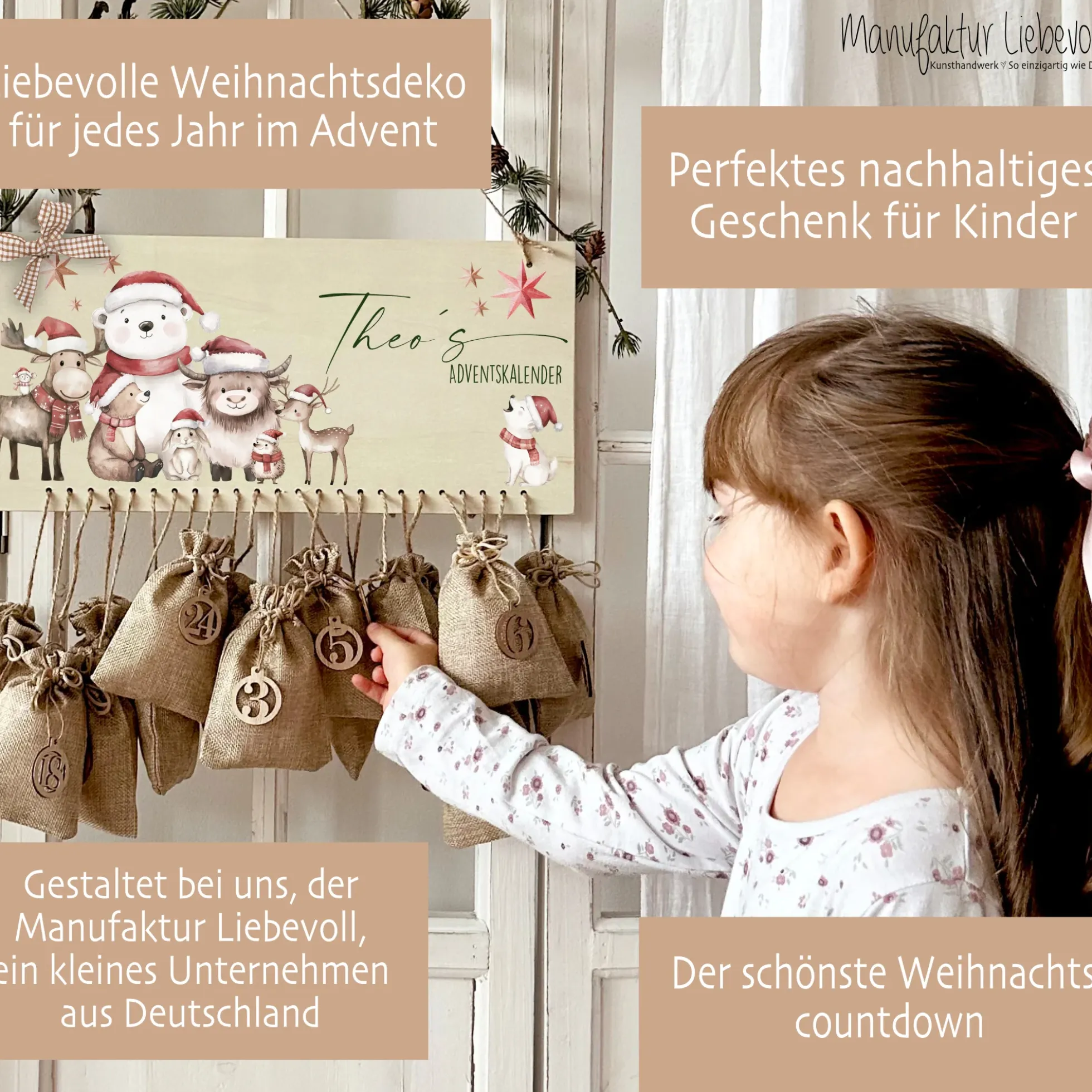 Adventskalender Personalisiert für Kinder mit Name mit niedlichen Tiermotiv zum Befüllen