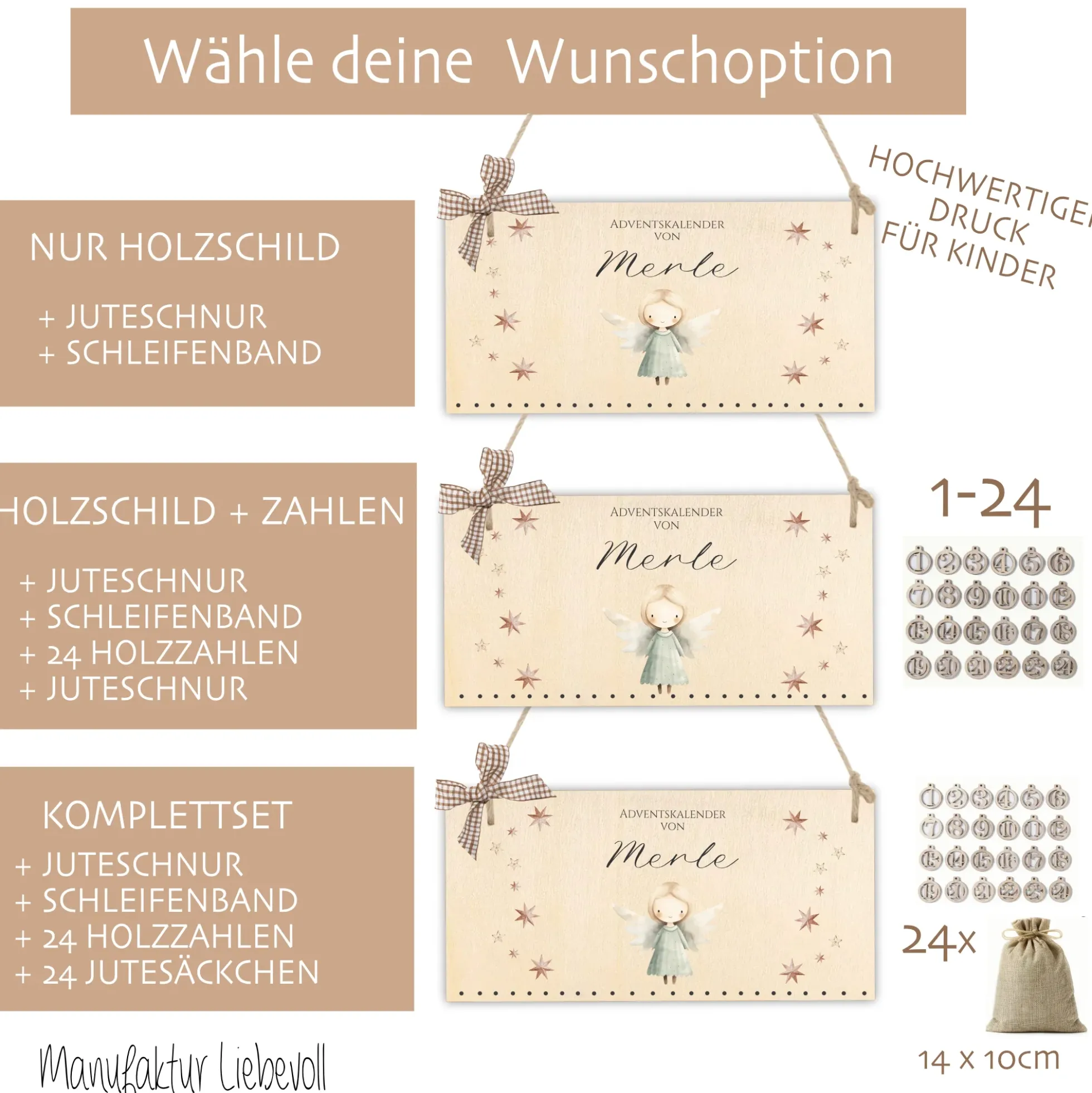 Adventskalender Personalisiert "Engel" zum Befüllen für die Adventszeit aus Holz