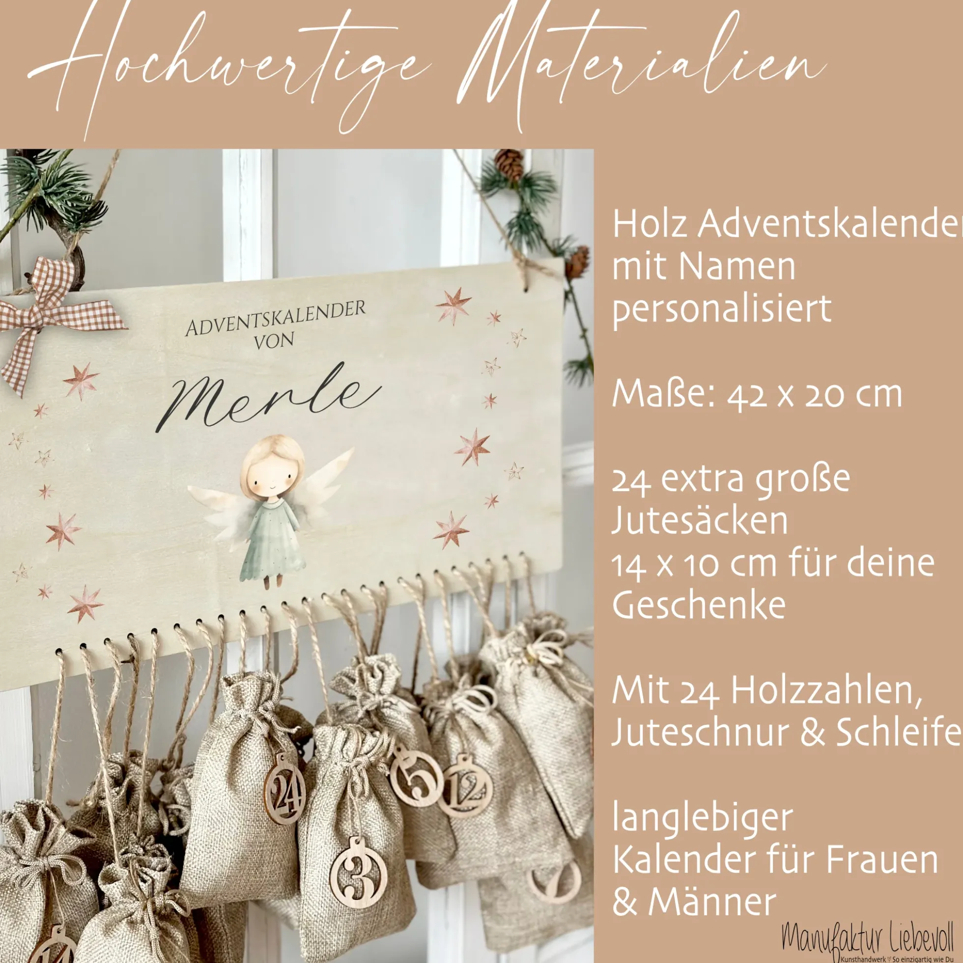 Adventskalender Personalisiert "Engel" zum Befüllen für die Adventszeit aus Holz