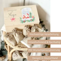 Adventskalender Personalisiert aus Holz zum Befüllen, Adventskiste mit Weihnachtsmann und Namen