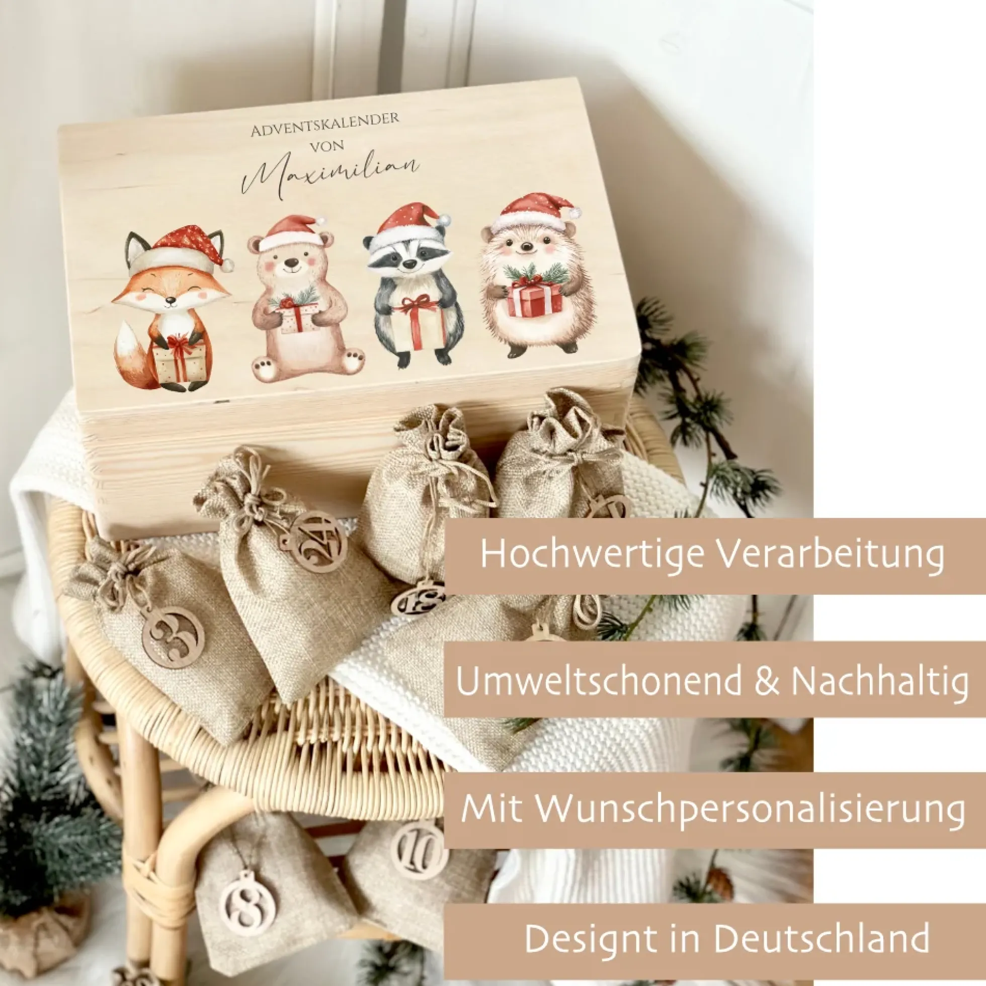 Adventskalender "Waldtiere" zum Befüllen, Personalisierte Adventskiste für Kinder