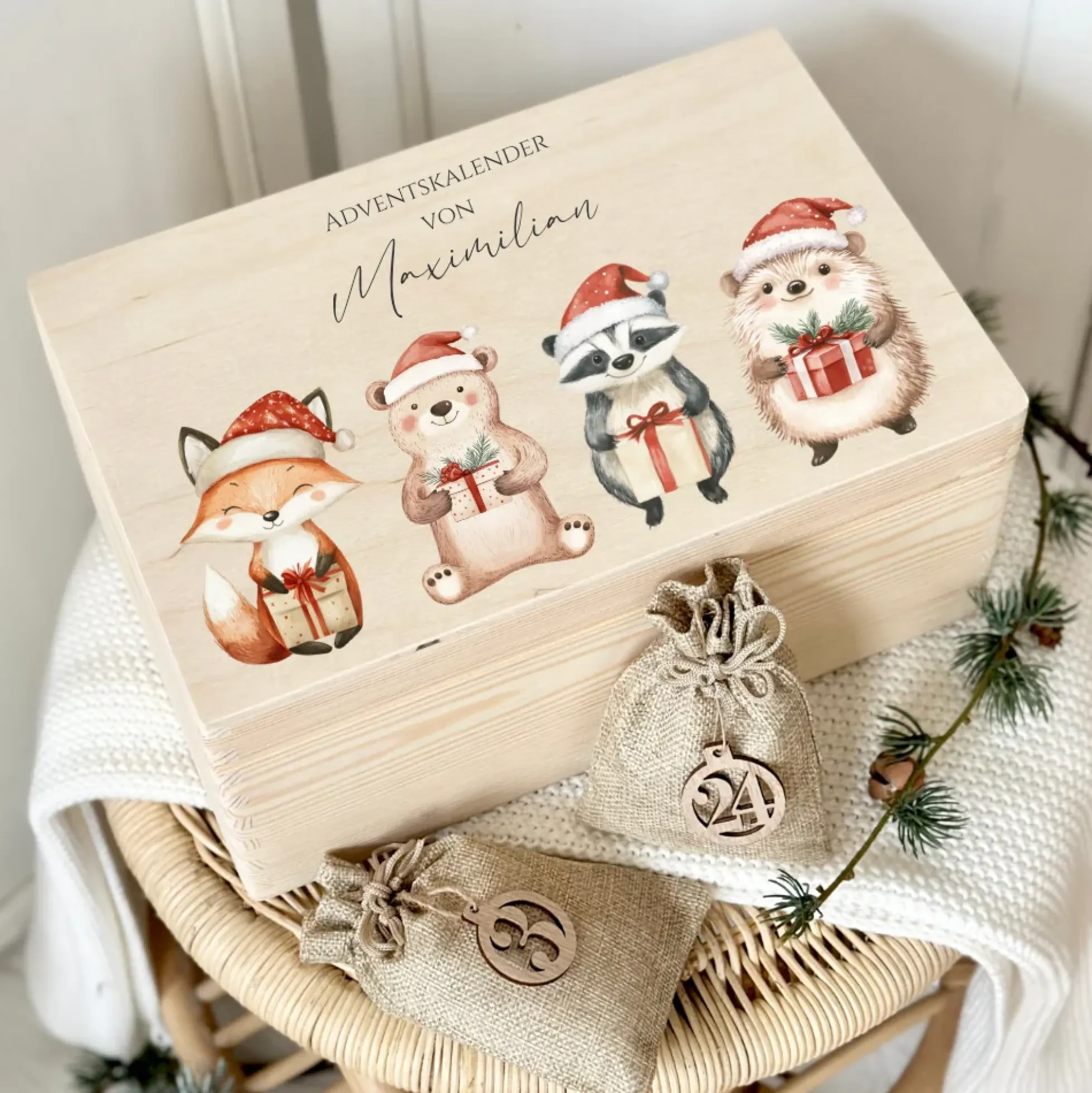 Adventskalender "Waldtiere" zum Befüllen, Personalisierte Adventskiste für Kinder