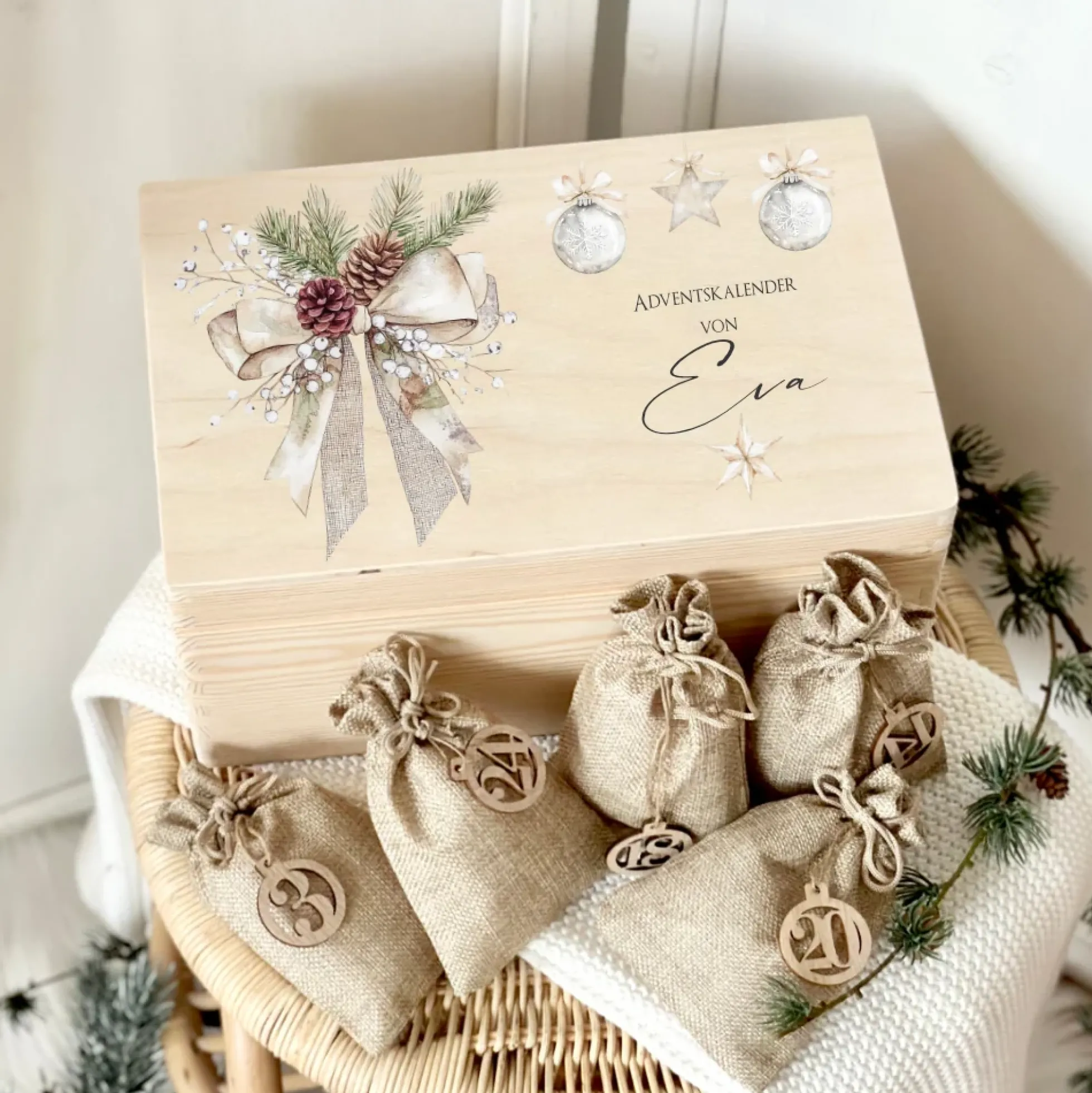 Adventskalender "Weihnachtsschleife", Personalisierte Adventskiste zum Befüllen für die Weihnachtszeit
