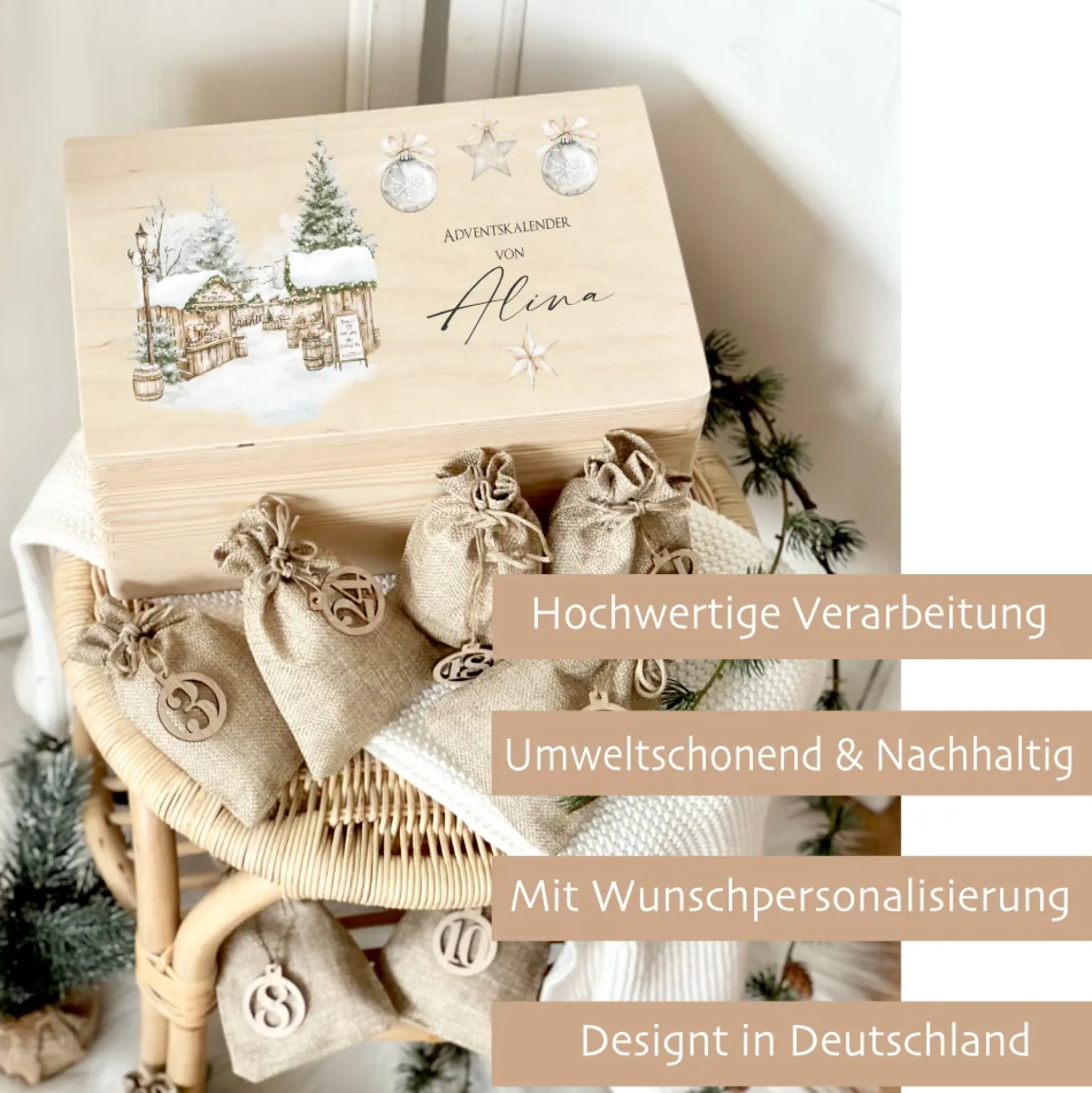 Adventskalender "Weihnachtsdorf", Personalisierte Adventskiste zum Befüllen für die Adventszeit