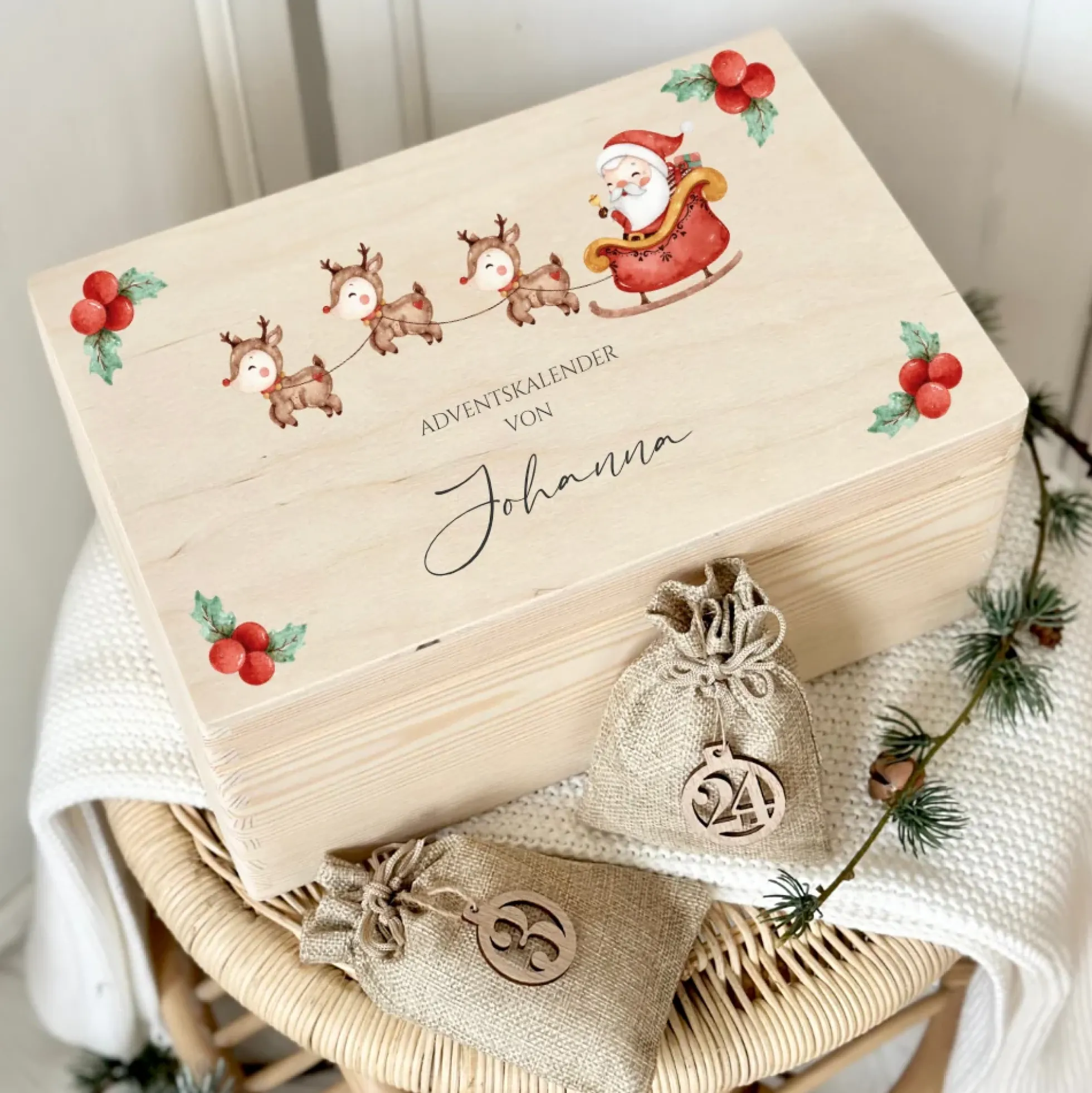 Adventskalender zum Befüllen für Kinder, Personalisierte Adventskiste mit Weihnachtsmotiv