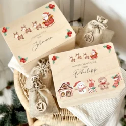 Adventskalender zum Befüllen für Kinder, Personalisierte Adventskiste mit Weihnachtsmotiv
