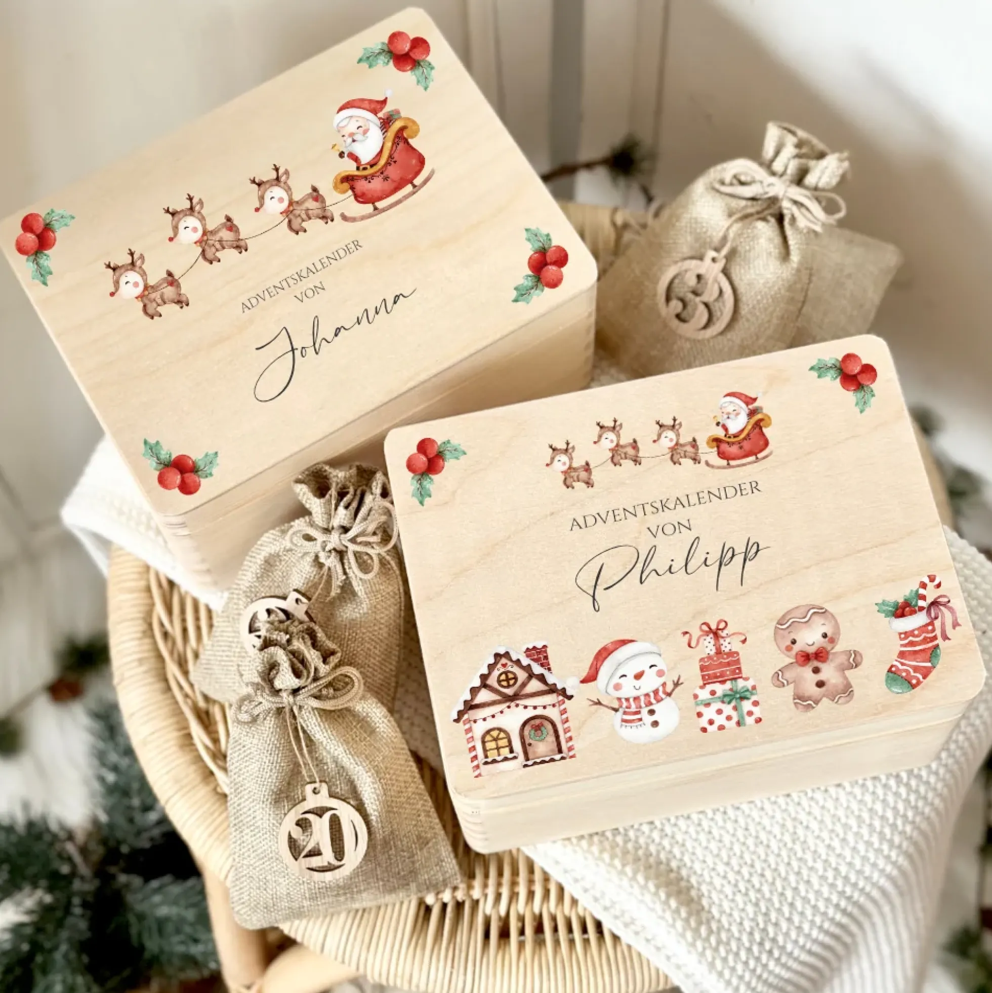 Adventskalender zum Befüllen für Kinder, Personalisierte Adventskiste mit Weihnachtsmotiv