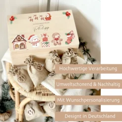 Adventskalender zum Befüllen für Kinder, Personalisierte Adventskiste mit Weihnachtsmotiv
