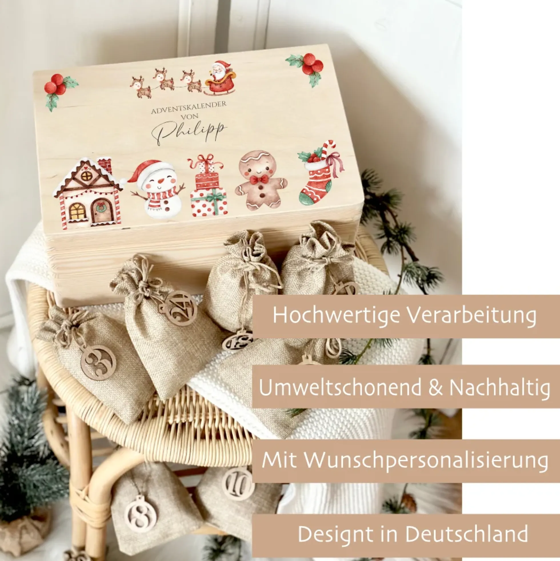Adventskalender zum Befüllen für Kinder, Personalisierte Adventskiste mit Weihnachtsmotiv