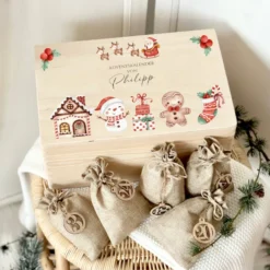 Adventskalender zum Befüllen für Kinder, Personalisierte Adventskiste mit Weihnachtsmotiv