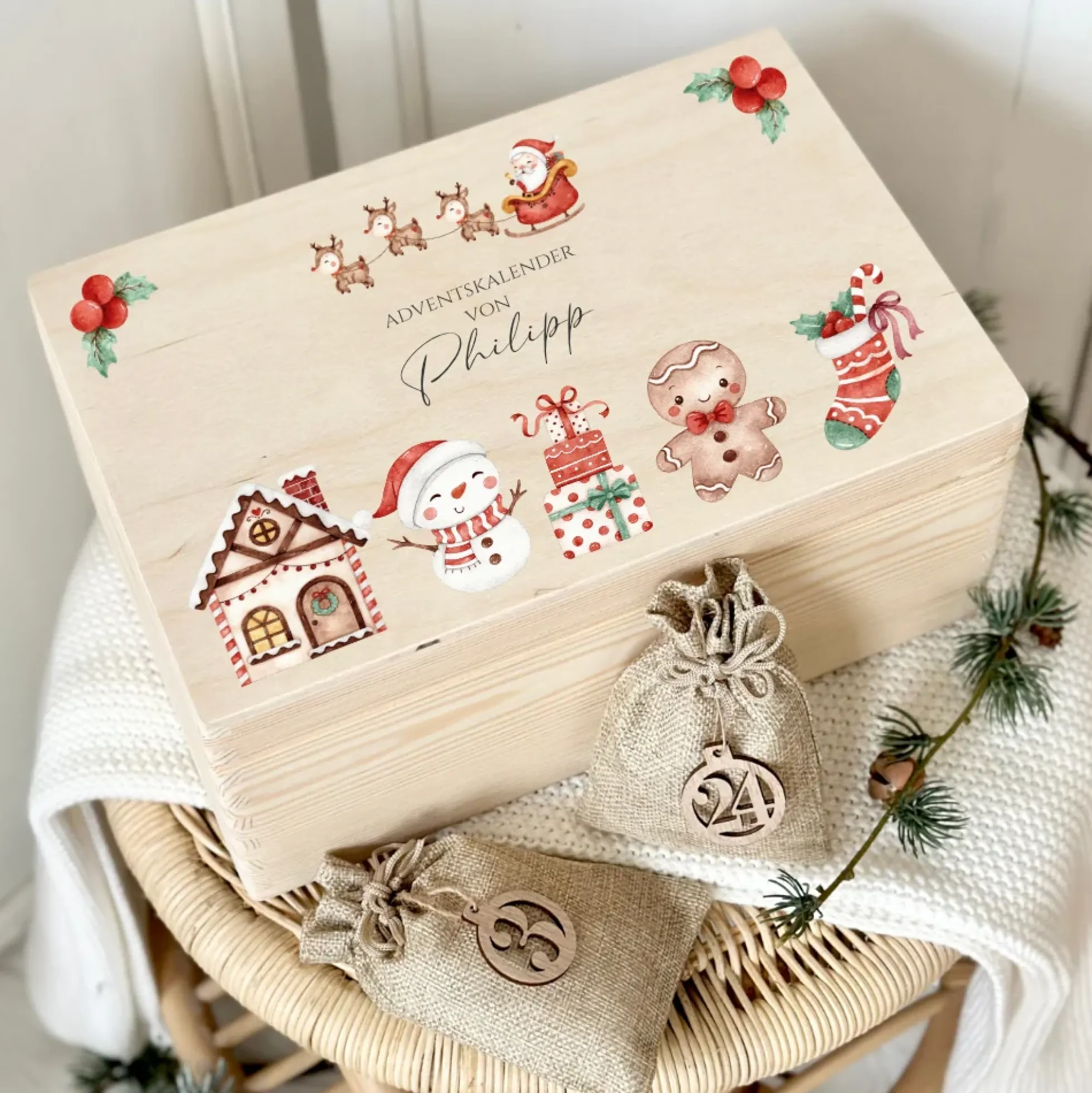 Adventskalender zum Befüllen für Kinder, Personalisierte Adventskiste mit Weihnachtsmotiv
