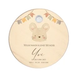 Babygeschenk zur Geburt, Personalisierter Kerzenteller mit Name des Babys u. Geburtsdaten, Motiv: Maus
