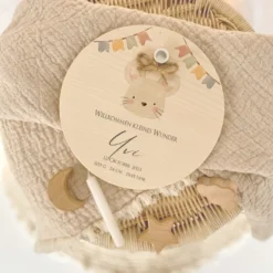 Babygeschenk zur Geburt, Personalisierter Kerzenteller mit Name des Babys u. Geburtsdaten, Motiv: Maus