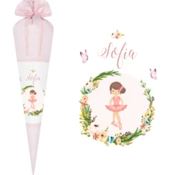 Besondere Schultüte aus rosa Stoff mit einer Ballerina | Personalisierte Stoffschultüte liebevoll handgefertigt | Optional mit Füllkissen und Spitzenschutz