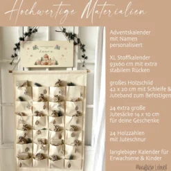 Boho Adventskalender mit Namen personalisiert vintage Stoff Adventskalender zum Befüllen Kalender Geschenk Frauen Männer Kinder Familie