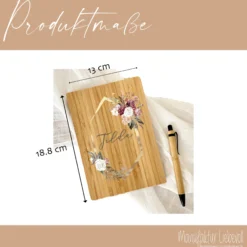 Boho Notizbuch mit Namen und Blumenkranz | Personalisiertes Buch aus Bambus und Kugelschreiber | Persönliche Geschenkidee für Sie