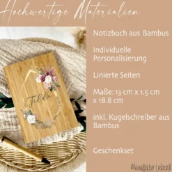 Boho Notizbuch mit Namen und Blumenkranz | Personalisiertes Buch aus Bambus und Kugelschreiber | Persönliche Geschenkidee für Sie