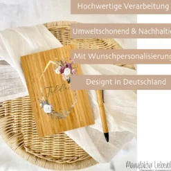 Boho Notizbuch mit Namen und Blumenkranz | Personalisiertes Buch aus Bambus und Kugelschreiber | Persönliche Geschenkidee für Sie